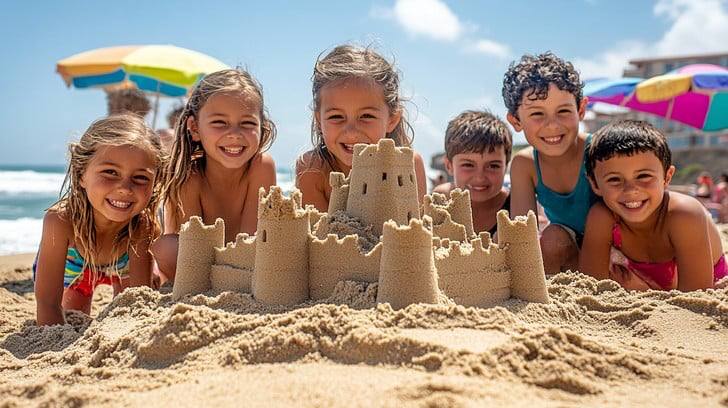 Five smiling children kneeling behind a sandcastle on a sunny beach with colorful beach umbrellas behind them